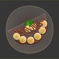 Fresh Crepe With Banana Slices Red Sauce Whipped Cream And Mint On Blue Plate