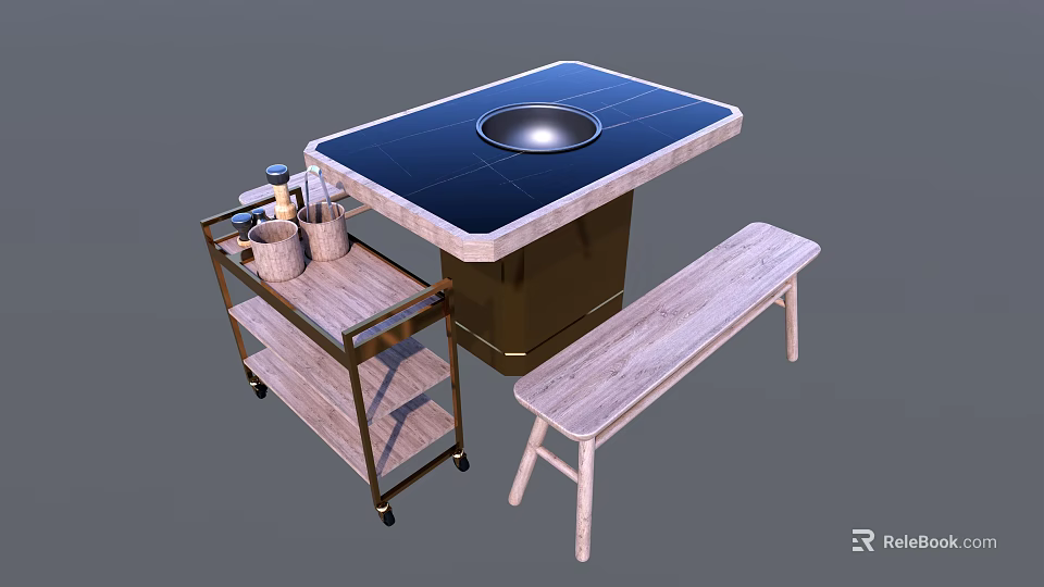 Dining Table Set With Round Hotpot Marble Top Wooden Bench And Rolling Cart 3d model 
