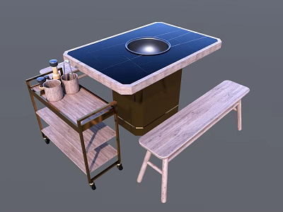 Dining Table Set With Round Hotpot Marble Top Wooden Bench And Rolling Cart 3d model