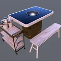 Dining Table Set With Round Hotpot Marble Top Wooden Bench And Rolling Cart