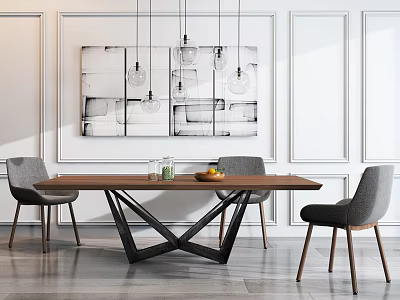 Modern Minimalist Dining Table Set With Wooden Top Black Metal Base And Grey Chairs 3d model