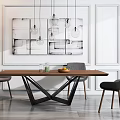 Modern Minimalist Dining Table Set With Wooden Top Black Metal Base And Grey Chairs