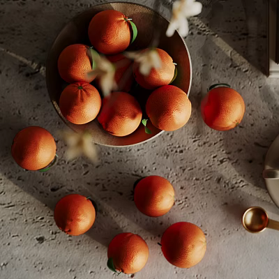 Fresh Oranges in Bowl and Scattered on Gray Countertop with White Flowers and Metal Cup 3d model