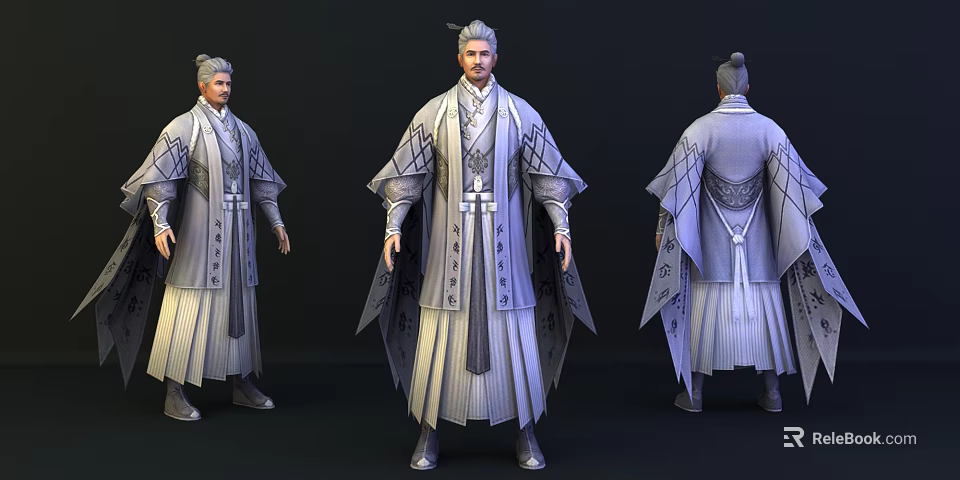 Traditional Ancient Costume Character Model In Three Angles With Elaborate Robes And Hairstyle 3d model 