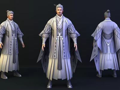 Traditional Ancient Costume Character Model In Three Angles With Elaborate Robes And Hairstyle 3d model