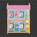 Colorful Two Story Toy House With Pink Roof Open Doors And Interior Furniture