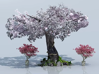 Blooming Arbor Tree With Thick Trunk Pink Purple Flowers And Small Potted Trees 3d model