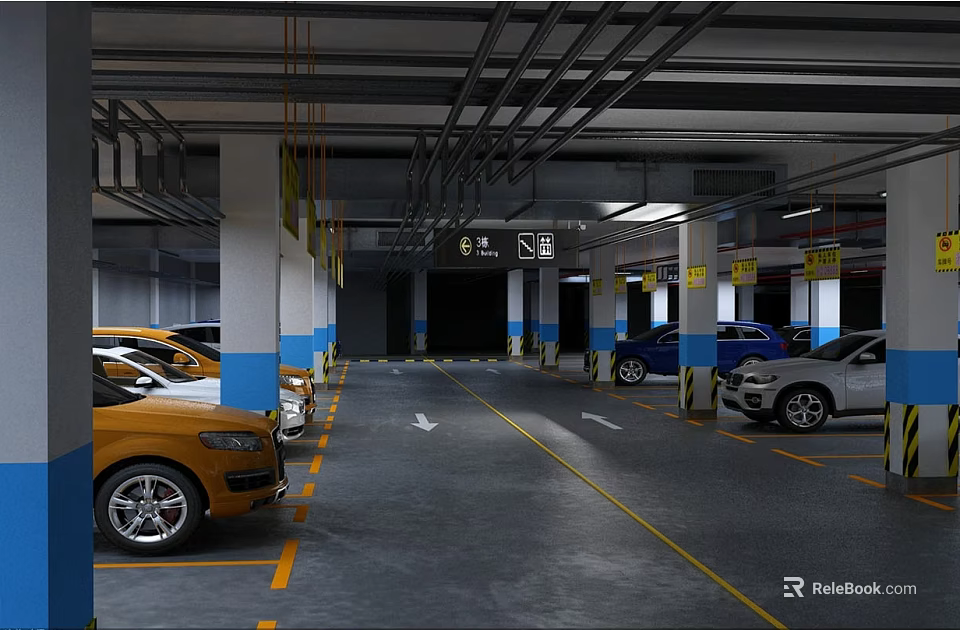 Underground Parking Garage With Blue And White Pillars Various Colored Cars Yellow Lines And Arrows 3d model 