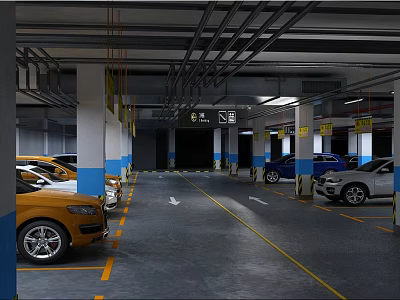 Underground Parking Garage With Blue And White Pillars Various Colored Cars Yellow Lines And Arrows 3d model