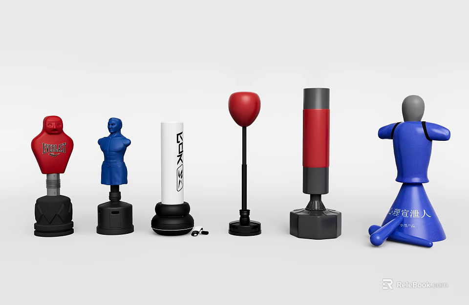 Essential Boxing Training Equipment Including Standing Bags Speed Balls Human Shaped Targets And Everlast Gear 3d model 