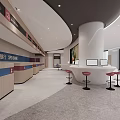 Elegant Modern Bank Interior Design With Curved Reception Desk Red Stools And Brand Logo