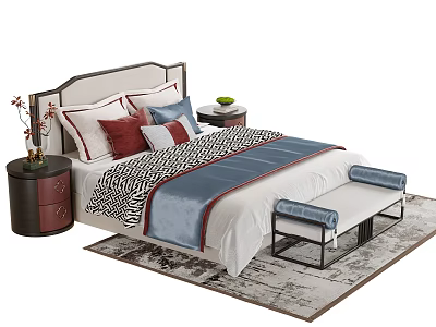Elegant Double Bed Interior With Colorful Pillows Nightstand Bench And Rug 3d model