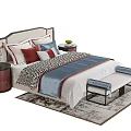 Elegant Double Bed Interior With Colorful Pillows Nightstand Bench And Rug