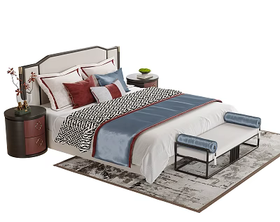 Elegant Double Bed Interior With Colorful Pillows Nightstand Bench And Rug 3d model