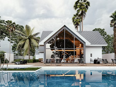 Modern Detached Villa With Swimming Pool Palm Trees Large Windows And Outdoor Terrace 3d model