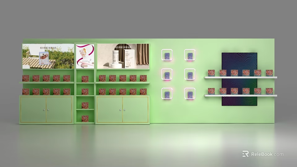 Commercial Display Equipment With Green Wall Shelves Display Cabinets Product Boxes And Decorative Mirror Compartments 3d model 