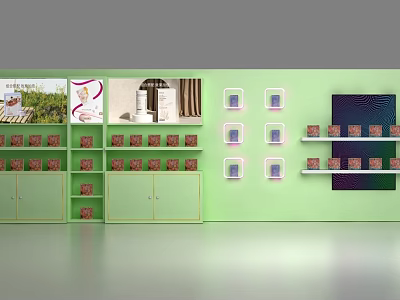 Commercial Display Equipment With Green Wall Shelves Display Cabinets Product Boxes And Decorative Mirror Compartments 3d model