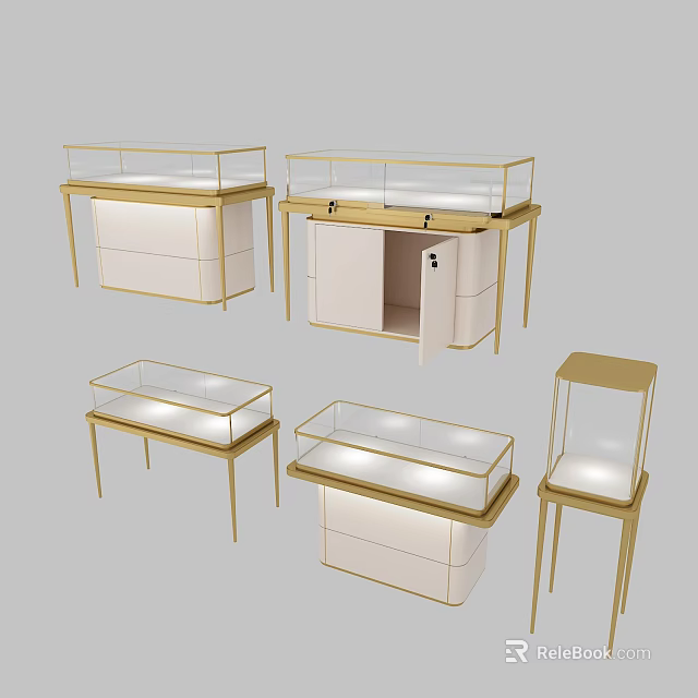 Elegant Modern Store Display Cabinets With Glass Counter And Golden Frames 3d model