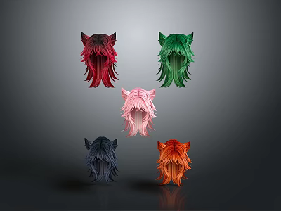 Colorful Cat Ear Wigs Collection With Red Green Pink Dark Blue Orange Hues 3d model