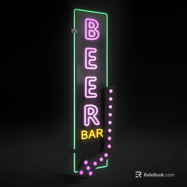 Vibrant Neon Beer Bar Sign With Pink Green And Yellow Lights And Decorative Dots 3d model 