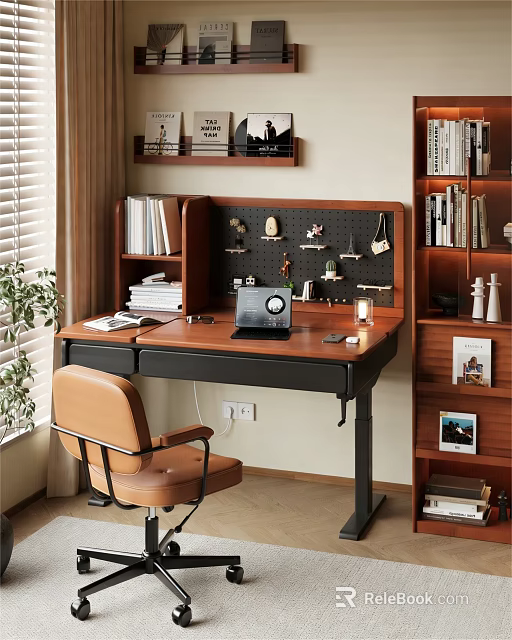 Cozy Study Room Interior With Wooden Desk Brown Chair Bookshelves And Potted Plant 3d model 