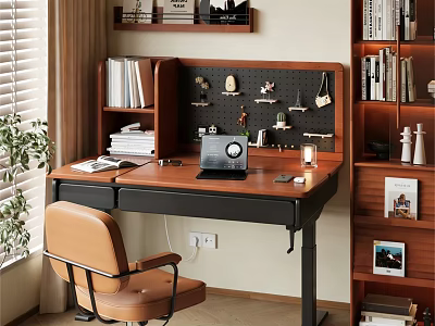 Cozy Study Room Interior With Wooden Desk Brown Chair Bookshelves And Potted Plant 3d model