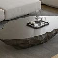 Modern Irregular Stone Coffee Table With Natural Texture Tray Glass Cups And Sofa 3d model