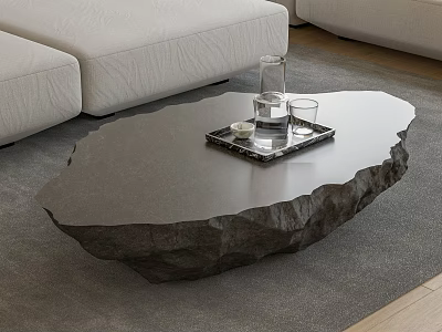Modern Irregular Stone Coffee Table With Natural Texture Tray Glass Cups And Sofa 3d model