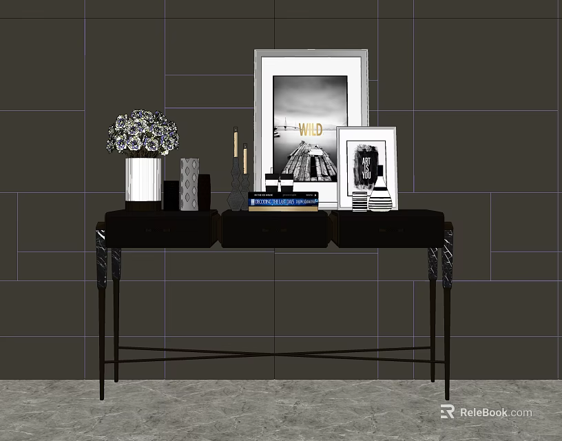 Elegant Modern Console Table With Floral Vase Photo Frames And Books 3d model