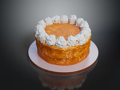 Round Layered Cake With White Cream Frosting And Decorated Top On Platter 3d model