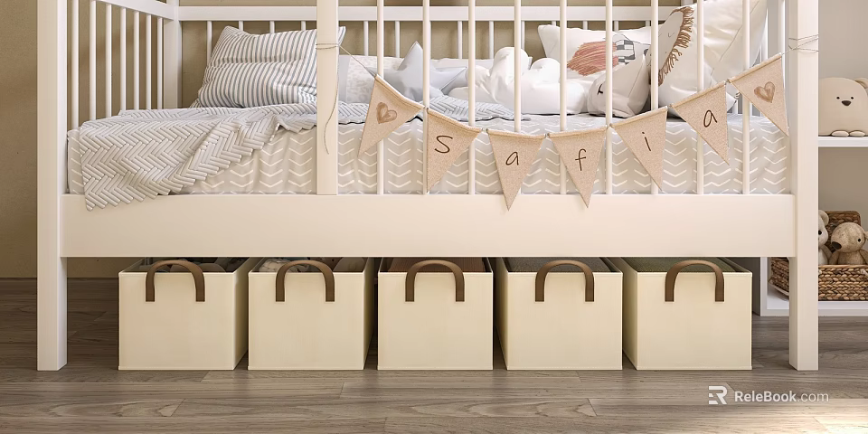 Beige Storage Baskets With Handles Under Crib In Cozy Nursery Room Wooden Floor 3d model 