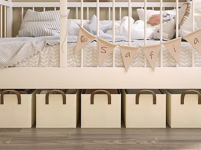 Beige Storage Baskets With Handles Under Crib In Cozy Nursery Room Wooden Floor 3d model