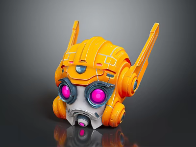 Game Movie Character Robot Helmet With Orange Body Yellow Accents And Purple Glowing Eyes 3d model