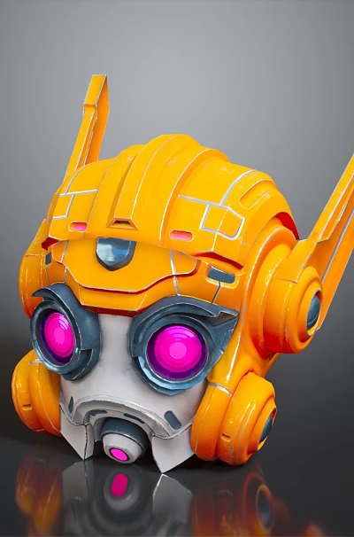 Game Movie Character Robot Helmet With Orange Body Yellow Accents And Purple Glowing Eyes 3d model