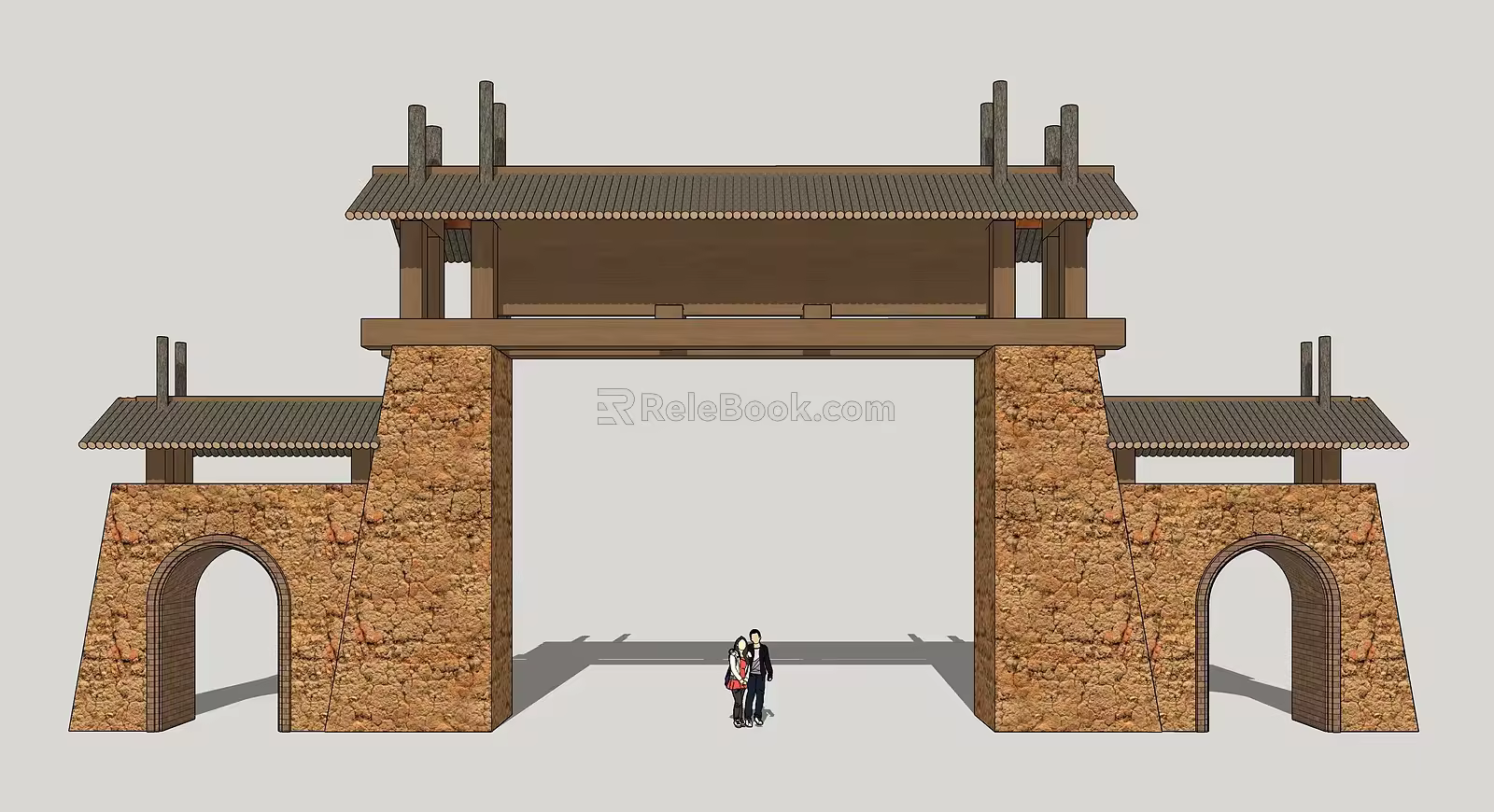 Chinese-style gate rammed earth gate 3d model