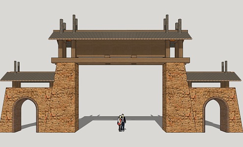 Chinese-style gate rammed earth gate 3d model