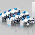 Modern Monitoring Room With Curved Console Multiple Monitors And Blue Chairs