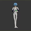 Game Movie Character With Blue Hair White Bodysuit Blue Accents Holding Green And White Object