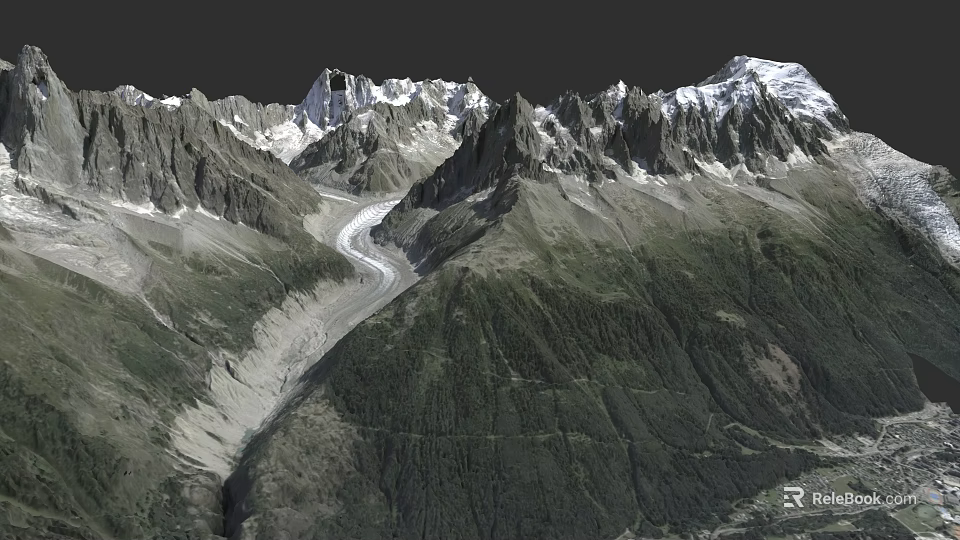 Microtopography Featuring Snow Covered Mountain Peaks Glacier And Lush Valley Vegetation 3d model 