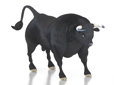 Detailed Realistic Black Bull Statue With White Horns And Muscular Body 3d model