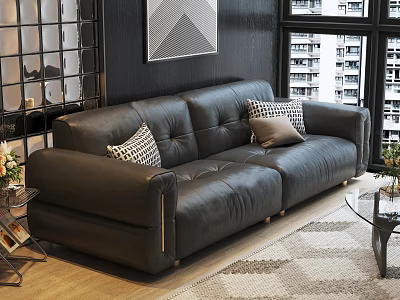 Black Leather Sofa And Glass Coffee Table Set With Decorative Pillows In Modern Living Room 3d model
