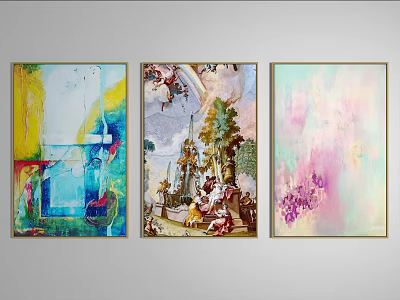 Three Framed Paintings Wall Display With Colorful Abstract Classical And Modern Art 3d model