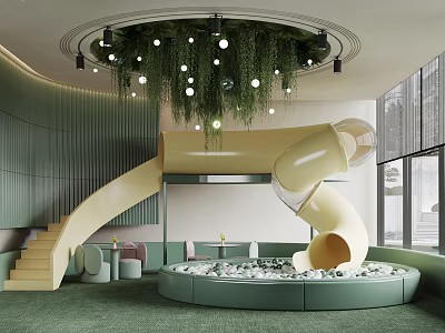 Modern Sales Office With Green Walls Curved Staircase Slide Circular Chandelier And Plant Decorations 3d model
