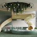 Modern Sales Office With Green Walls Curved Staircase Slide Circular Chandelier And Plant Decorations