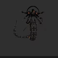 Game Movie Mechanical Character with Multiple Arms and Glowing Orange Eyes Metallic Structure