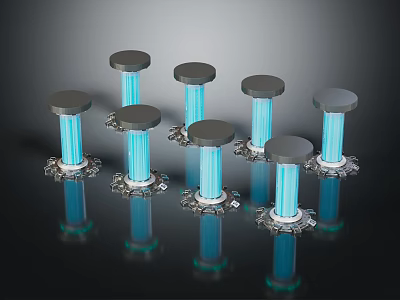 Modern Cylindrical Devices With Blue Light Arranged On Dark Surface For Tech Decorative Use 3d model