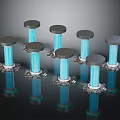 Modern Cylindrical Devices With Blue Light Arranged On Dark Surface For Tech Decorative Use 3d model