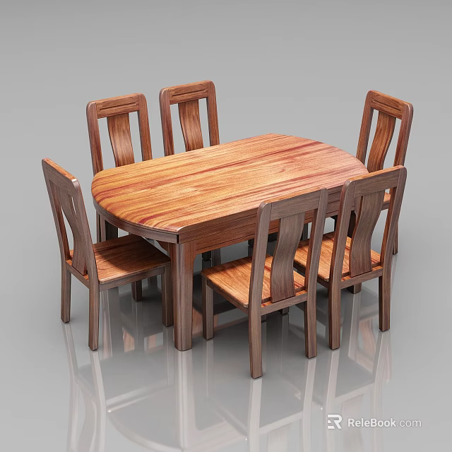 Wooden Dining Table Set With Six Matching Chairs Solid Wood Oval Top 3d model