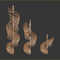 Metallic Spiral Staircases In Copper Color Arranged With Multiple Reflections On Grey Background