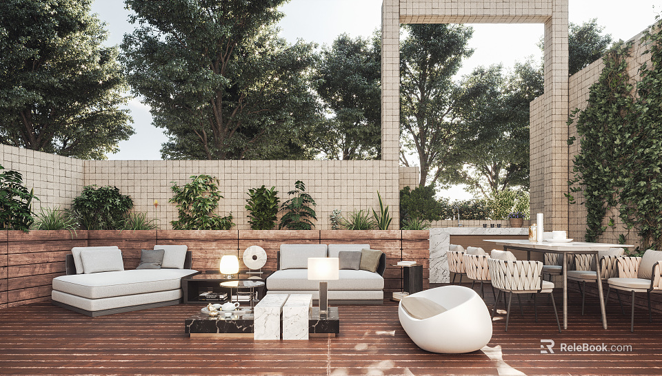 Modern Garden Patio With Wooden Flooring Sofa Green Plants Dining Table And White Seating 3d model 